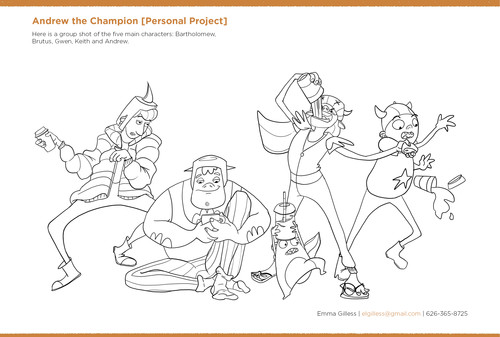 Personal Project [Andrew The Champion].  A group of the five main characters from this  project.  Bartholomew, Brutus, Gwen, Keith and Andrew