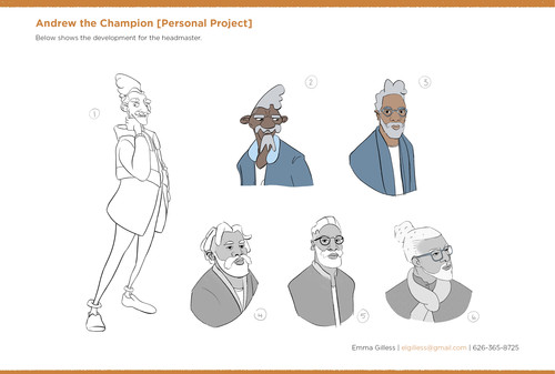 Personal Project [Andrew The Champion]. Below is the character who plays the role of headmaster.  This sheet shows part of their development process.